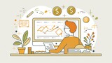 Fototapeta  - A flat line art illustration shows an IT project manager creating paperwork on his computer, surrounded by office elements like plants and coins floating around him. 