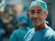 © CG Design - A Surgeon male wearing surgical scrubs, standing in front of an operating room door, smiling and looking into camera