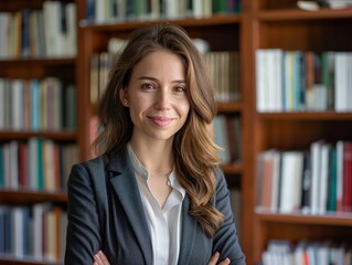 A Psychologist female wearing professional attire, standing in front of a bookshelf filled with psychology books, smiling and looking into camera