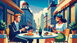 Chic Urban Cafe: Stylish Couple Enjoying Coffee Outdoors.  Vector illustration of casual urban lunch. Dining in the city concept. Design for poster, banner, invitation. Place for text