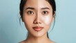 A before-and-after image showing the transformation of an Asian woman's skin texture after using skincare products. 