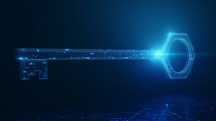 Digital wireframe neon key glowing on a dark background, symbolizing digital security and encryption