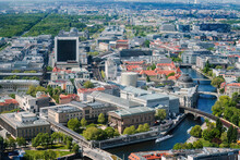 Aerial Cityscape View Of Berlin Showing Museum Island, River Spree And Buildings Of The German Capital.