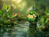 Fototapeta  - Water drop with the Earth inside floating above a body of water.