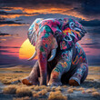 bemalter Elephant in der Steppe bei Sonnenuntergang