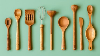 Poster - Kitchen utensils made of wood on a green backdrop