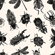 Set of various insect silhouettes in linocut style. Seamless Pattern. Trendy vector illustration.