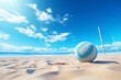 Bright 3D render of a beach volleyball setup, with a clear blue sky background, capturing the essence of summer sports