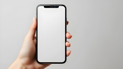 Smartphone mockup. Close up hand holding black phone white screen. Isolated on white background. Mobile phone frameless design concept. ai generated 