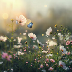 Sticker - Flowers garden with pink and white blossom Cosmos flowers and blue butterflies in morning light, summer flower theme, spring time theme.