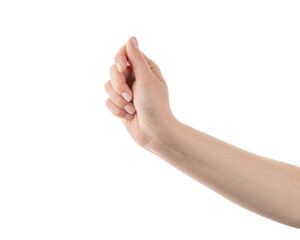 Wall Mural - young woman hand to hold something isolated on white background