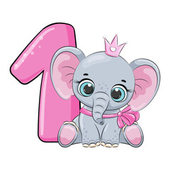 Wall Mural - HAPPY birthday card for first birthday with elephant. Vector illustration.