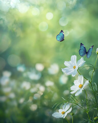 Sticker - Flowers garden with white blossom Cosmos flowers and blue butterflies in morning light, summer flower theme, spring time theme.