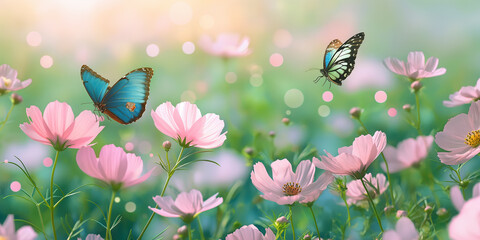 Sticker - Flowers garden with pink blossom Cosmos flowers and blue butterflies in morning light, summer flower theme, spring time theme.