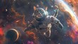 A gray cat astronaut in a spacesuit floats in outer space among the stars and planets.