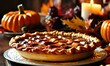 Family dining room table set with delicious golden roasted turkey on platter garnished rosemary and fresh small pumpkins