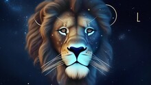 Zodiac Sign Of Leo, Horoscope Symbol With Stars.  Lion On Black Space Abstract Background, Generative AI