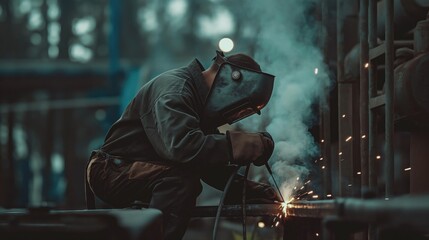 Sticker - Welder working on an industrial plant or factory welding technological process