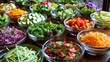A colorful array of crisp, fresh salads, featuring a variety of leafy greens, crunchy vegetables, an