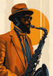 Music artist in suit and hat playing saxophone with microphone