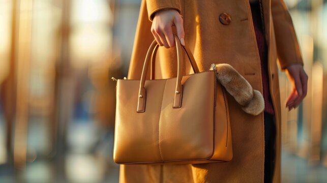 fashionable woman holding luxury leather handbag, stylish accessories