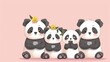 Panda family with smartphones and yellow flower decorations sitting together
