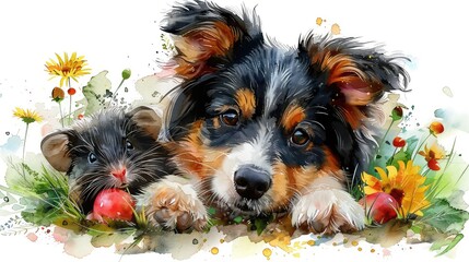 Wall Mural - watercolor painting of a dog and a guinea pig with flowers