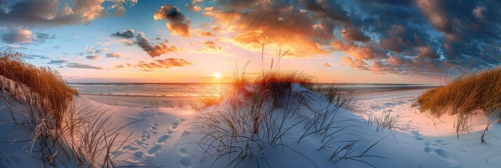 Wall Mural - Summer Sunset Background. Panoramic View of North Sea Beach at Dusk
