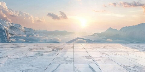 Bright Morning. Empty Marble Floor with Panoramic Sky View of Mountain Under Morning Blue Sky