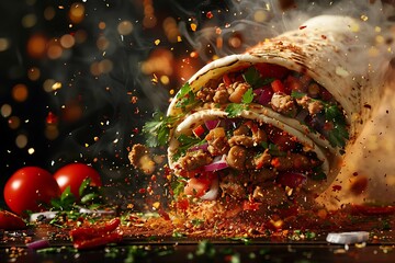 Wall Mural - Fresh and hot shawarma doner, featuring a blend of spices and flying ingredients, perfect for vibrant culinary banners and menu displays