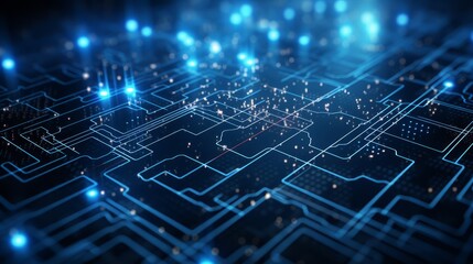 Abstract digital blueprint with network lines and glowing circuits,