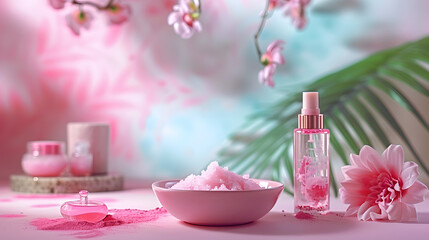 Poster - Pink Table With Bowl of Pink Stuff and Bottle of Lotion