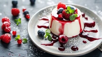 Poster - Italian dessert Panna cotta served with berry sauce