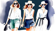 A sketch of modern fashionable summer outfits, stylish collections for women, models on a blue watercolor background.