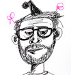 A simple doodle of a man with glasses and a party hat drawn in black ink on white paper. The eyes have pink dots for pupils, he has a small goatee beard, Drawn in the style of a child.