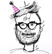 A simple doodle of a man with glasses and a party hat drawn in black ink on white paper. The eyes have pink dots for pupils, he has a small goatee beard, Drawn in the style of a child.