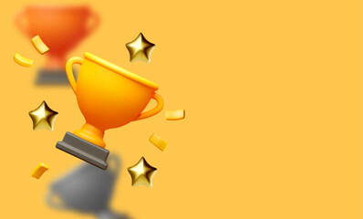 3D winners cup. Trophy cup. Gold, silver and copper. Vector award nomination background.