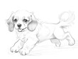 Black and white sketch of a Cavalier King Charles Spaniel or Cocker Spaniel puppy, with folded ears and medium-length fur.