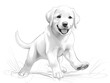 Black and white sketch of a fluffy Labrador Retriever puppy running and playing. Puppy with folded ears. It has a short tail raised.