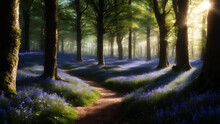 A Magical Woodland Scene, With A Carpet Of Bluebells Carpeting The Forest Floor And Shafts Of Sunlight Filtering Through The Trees, Creating A Fairy-tale Atmosphere