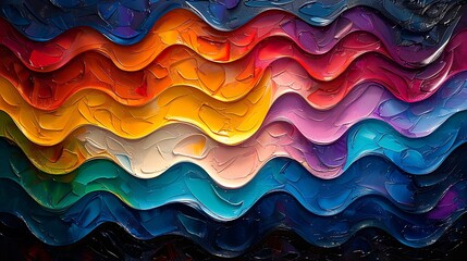 Wall Mural - A vibrant and textured abstract painting with colorful wavy patterns resembling fluid art movement.