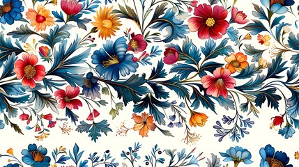 Wall Mural - A vibrant and detailed floral pattern with an array of colorful flowers and leaves on a white background, perfect for a variety of design projects.