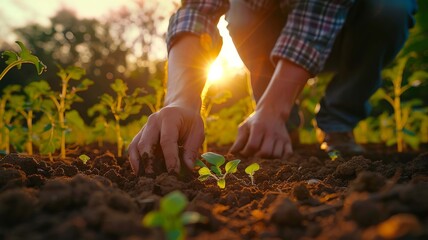 Wall Mural - farmer sows vegetable seeds on prepared soil, Generative AI,