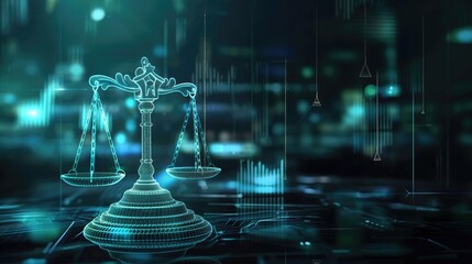 Futuristic justice background Judge's gavel and scales standing on virtual table in digital cyberspace