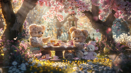 Wall Mural - elegantly dressed teddy bear plush toys gather around a miniature table adorned with dainty teacups and saucers enjoying delightful conversations and sweet treats under the shade of a blooming tree.