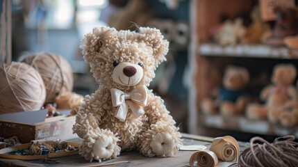 Wall Mural - teddy bear workshop where skilled artisans craft bespoke accessories such as bow ties necklaces and hair bows each lovingly handmade to add a touch of elegance and charm to any cuddly companion.
