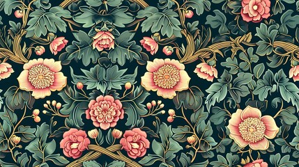 Elegant vintage floral pattern with lush flowers and leaves on a dark background, perfect for a sophisticated design project. 