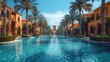 Luxurious resort with symmetrical palm trees flanking a serene blue pool amidst opulent buildings under a clear sky. 