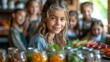 A smiling young girl in a kitchen with a group of children in the background, surrounded by jars of fresh produce and herbs, exuding a wholesome atmosphere. 