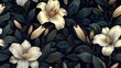 © Munali - Elegant floral pattern with white flowers and dark leaves on a black background, perfect for a sophisticated design project.